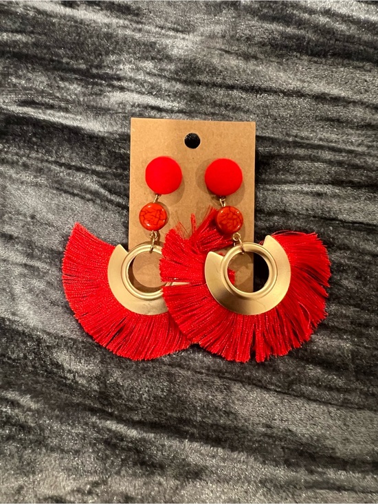 Jewelry - Red Fringe Fan Earrings with Gold Hoops